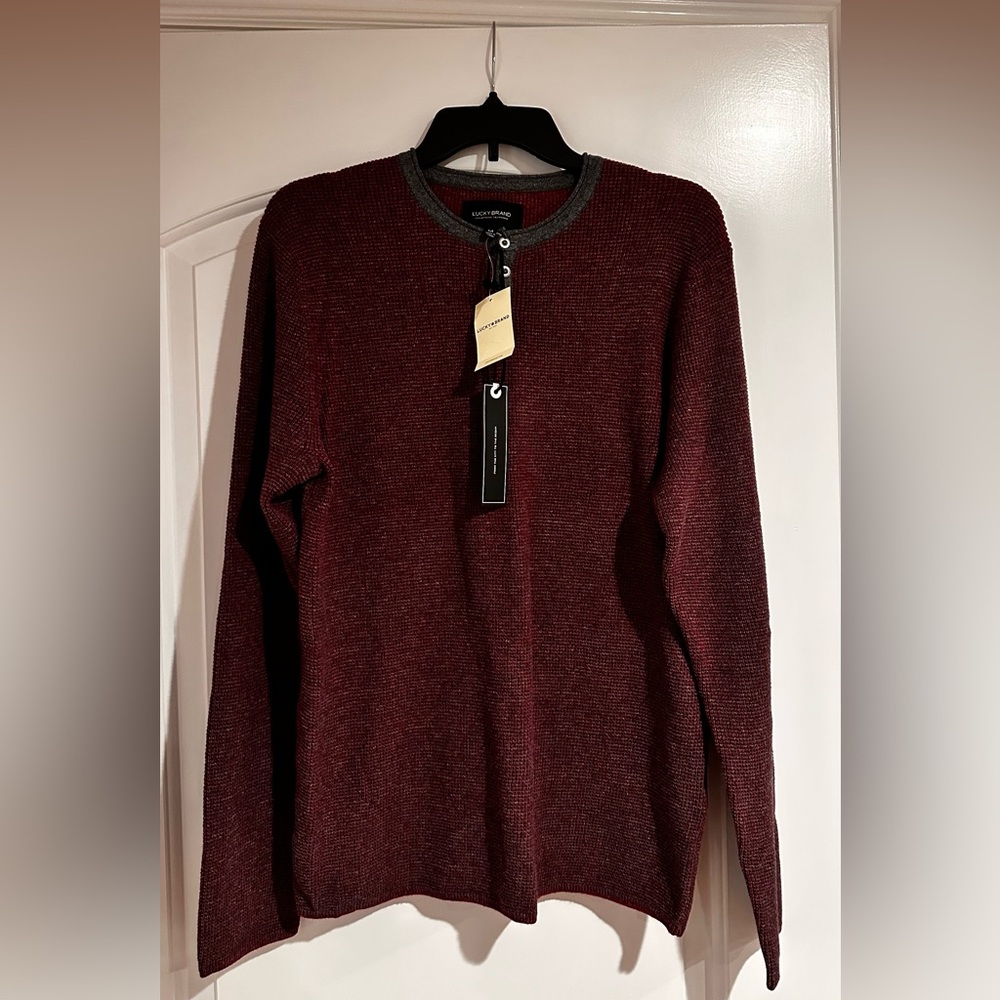Lucky Brand Thermal Men Henley Waffle Knit Red Burgundy  Crewneck Sweater M